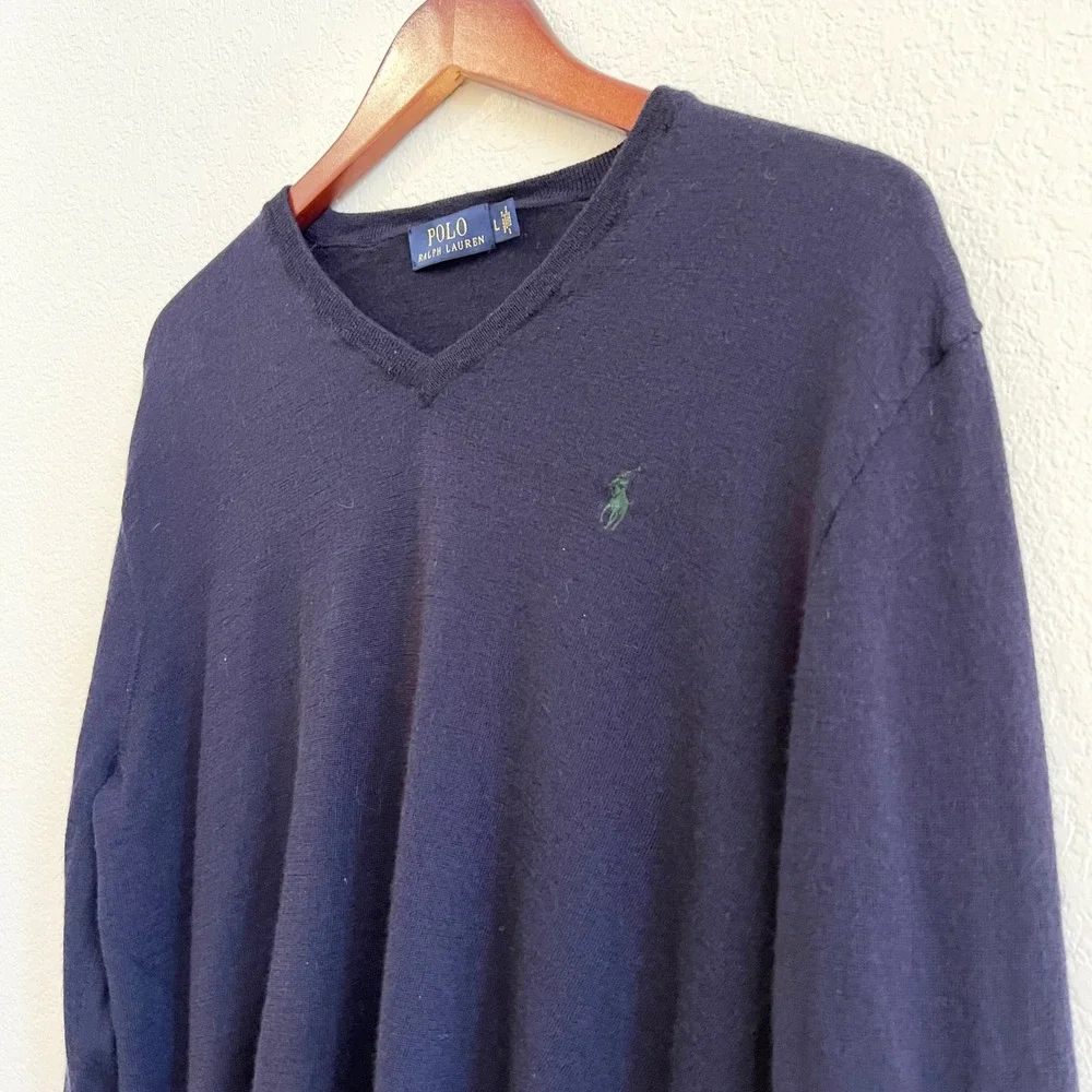 Polo Ralph Lauren 100% Merino Wool V Neck Sweater Navy‎ Blue Size L